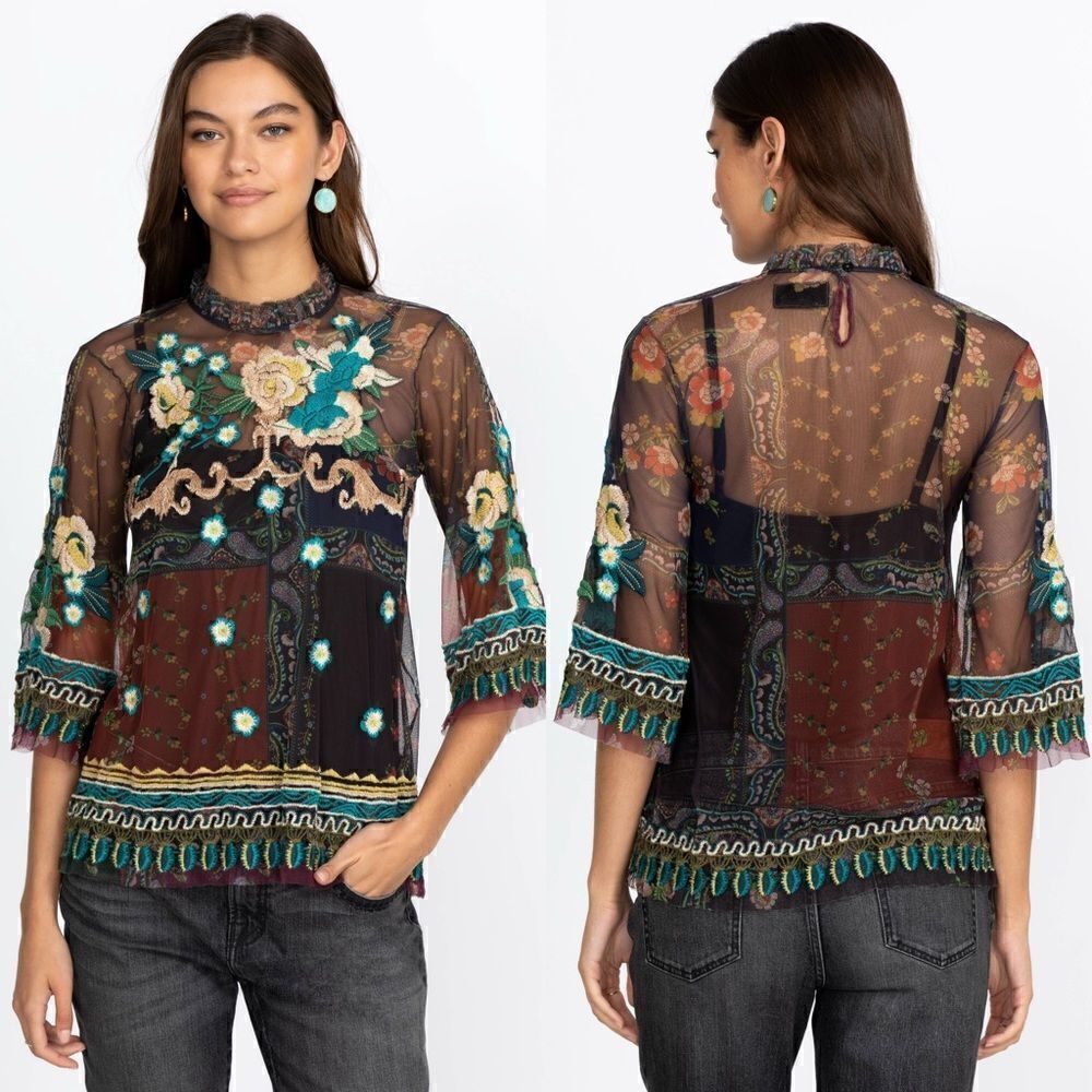 Johnny Was Renley Black Brown Blouse Sheer Mesh Floral Embroidered Size  XS